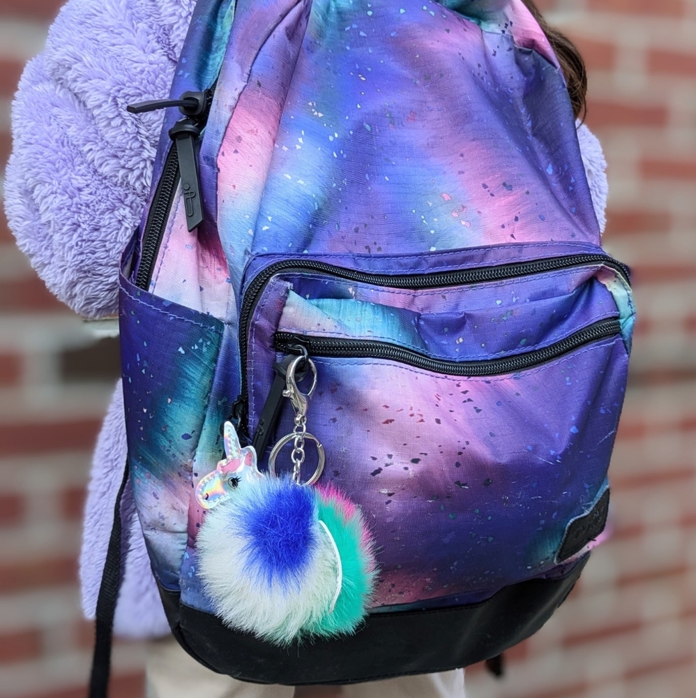 Unicorn PomPom Silver Keychain, Bag Charm, Blue & Green, Gift Girls & Kids